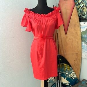 Plastic Island,Lightweight,Beautiful Coral Red, On/Off Shoulder,Side Zip,Size M